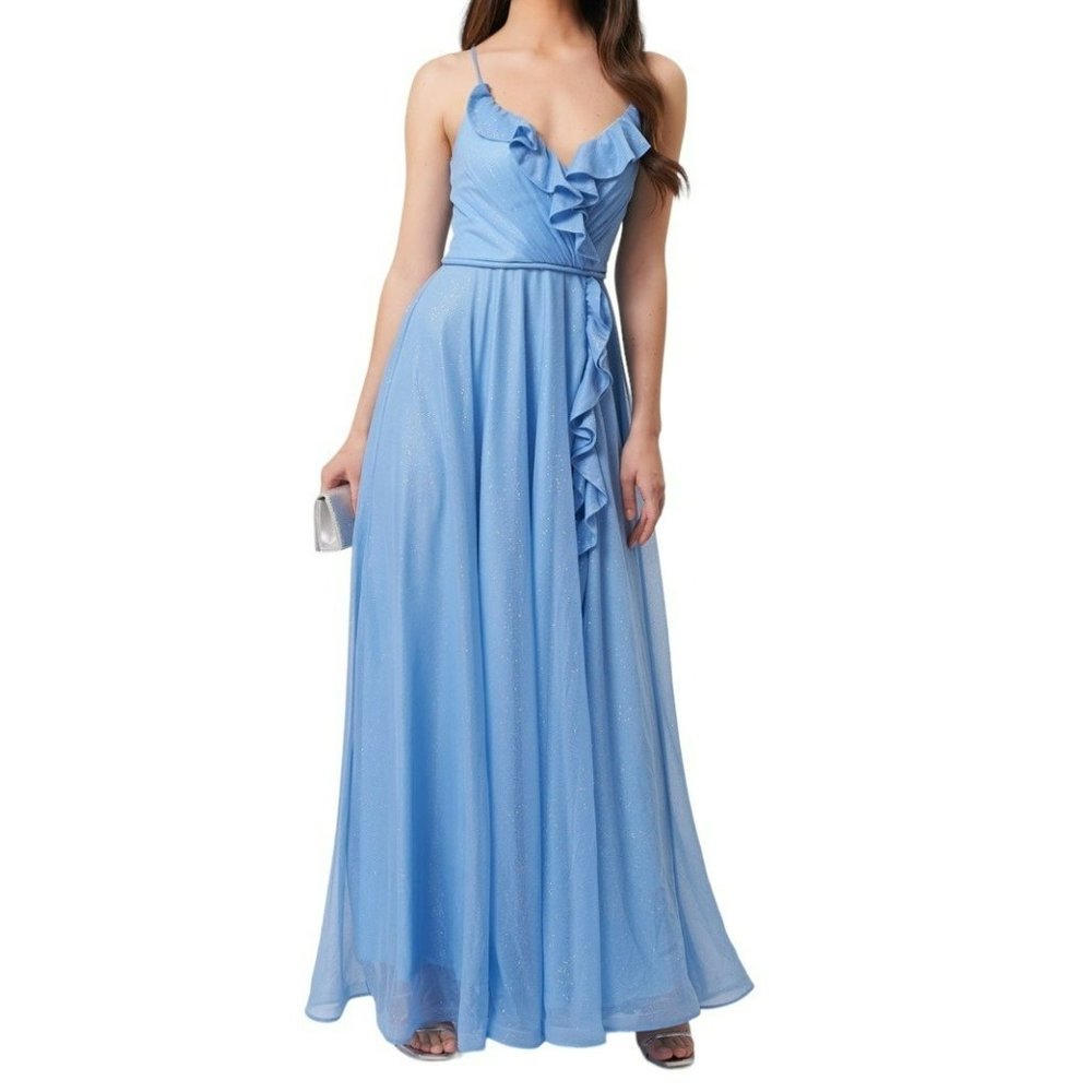 Forever Unique Chiara Shimmer Ruffle Crossover Maxi Gown Pale Blue Size 2 NWT - Picture 2 of 5